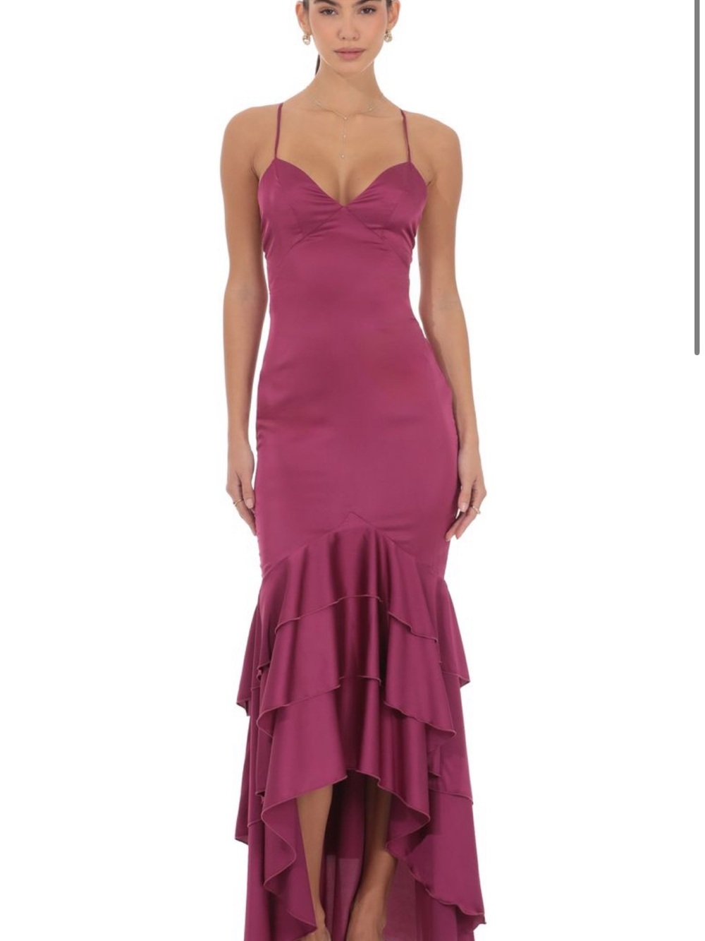 Satin Ruffle Fishtail Maxi Dress in Magenta (XS)